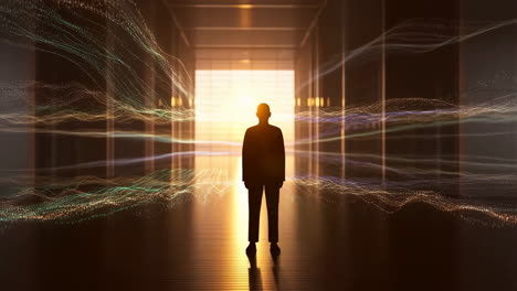 digital journey: silhouette in a glowing corridor