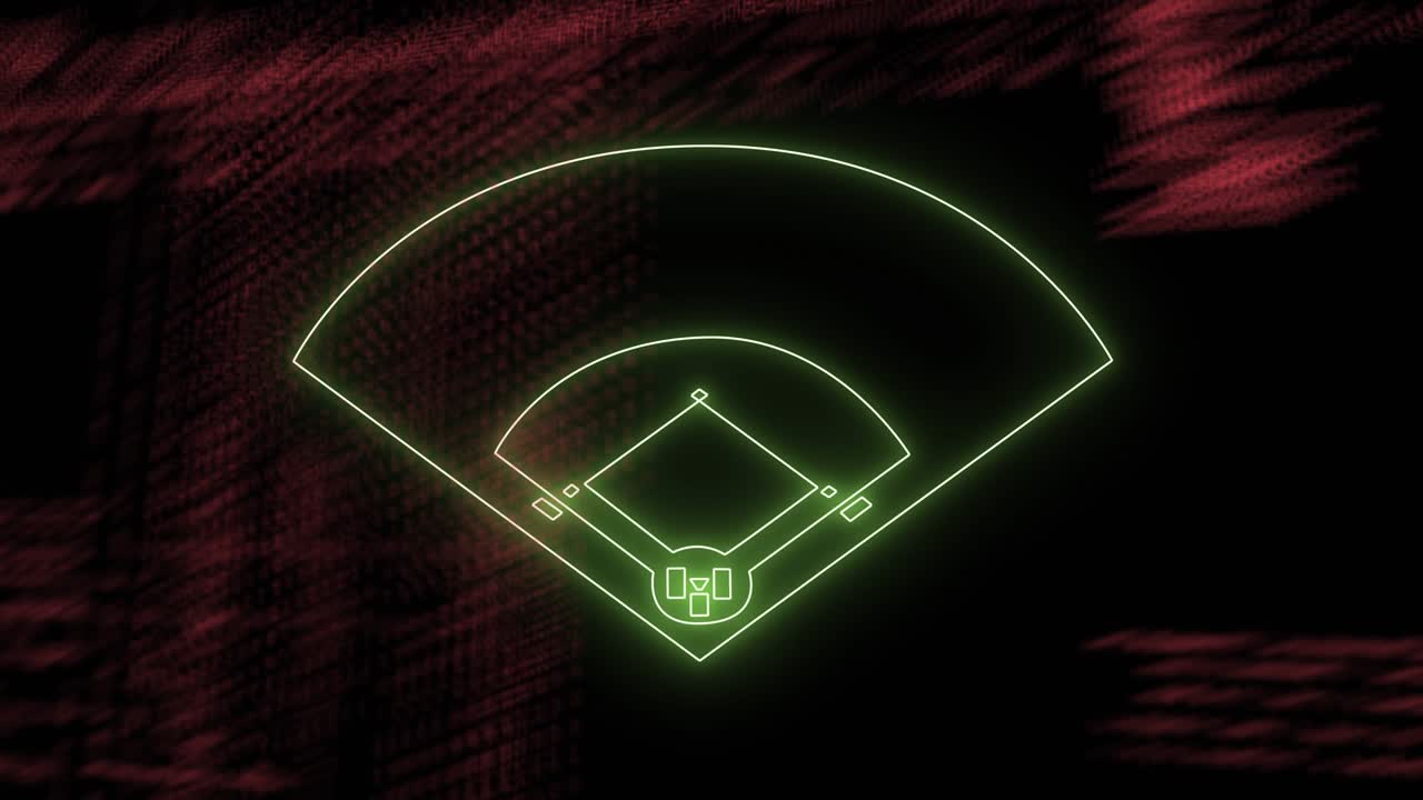 Animation of data processing over neon baseball pitch