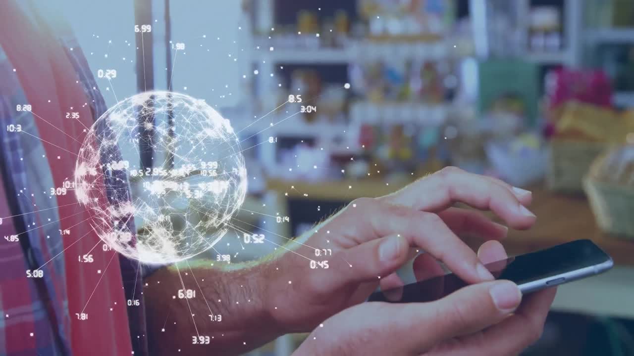 animación de conexiones con el globo sobre las manos de un hombre caucásico usando un teléfono inteligente