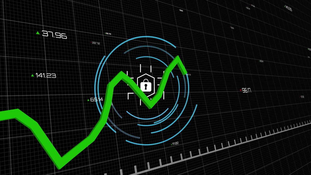 Animation of statistical data processing and security padlock over grid network on black background