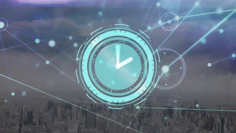 animation of clock over network of connections with icons and cityscape