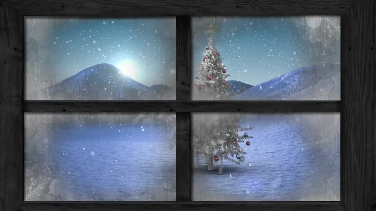 Animation of window view of christmas tree and winter landscape