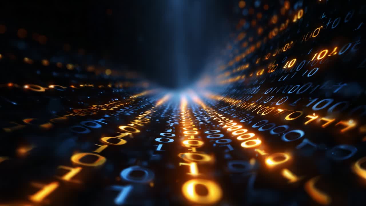 A mesmerizing digital landscape showcasing a cascade of binary code, illuminated by glowing golden and blue particles, creating a dynamic visual representation of data flow and technological advancement