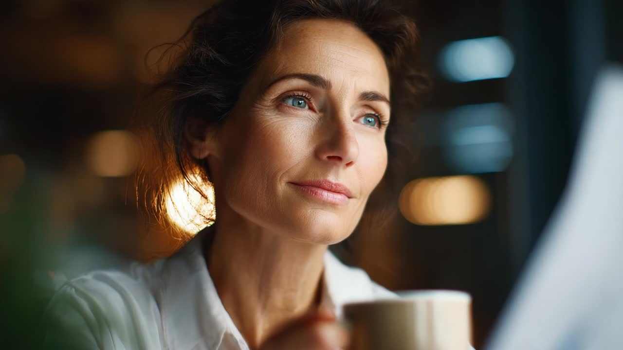 Una donna riflessiva si gusta la sua tazza di bevanda calda mentre contempla la vita, immersa nella riflessione e nella serenità, mentre una luce ambientale soffusa la circonda, illuminando la sua bellezza e i suoi pensieri interiori.