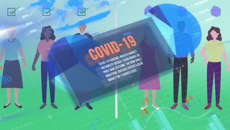 pancarta de texto de covid-19 y procesamiento de datos estadísticos contra personas que mantienen la distancia social
