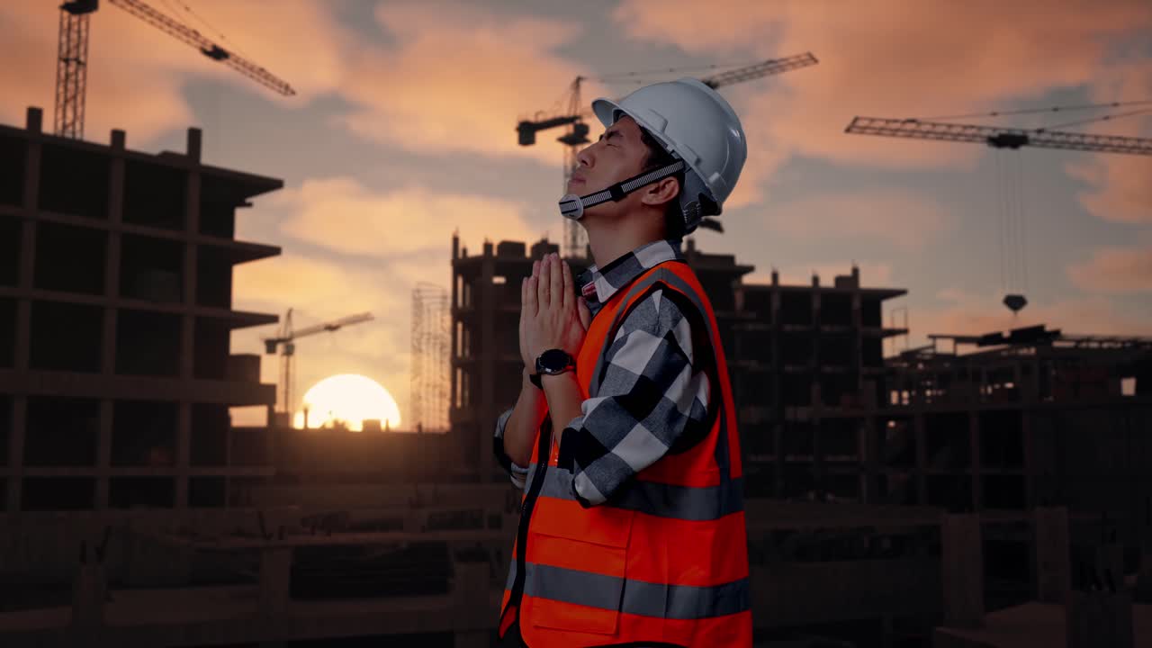 Side View Of Asian Male Engineer With Safety Helmet Pray For Something While Standing At Building & Construction Site in Progress to New House