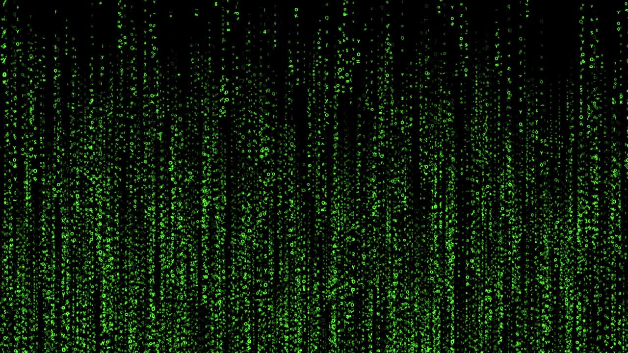 Random glowing numbers, letters falling down (code rain). Cyberspace with green, the Matrix style effect. The camera moves through the falling lines. Abstract future tech background.