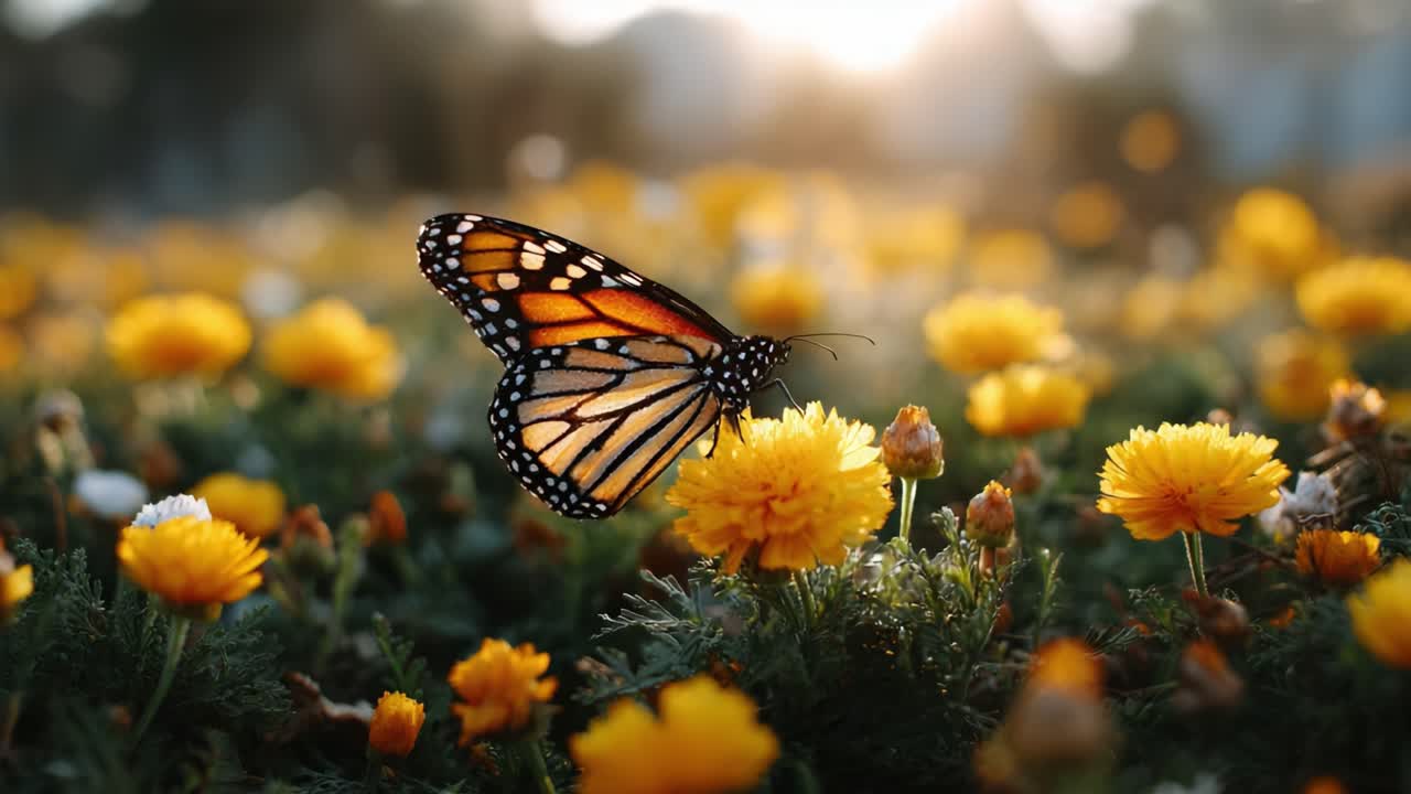Una farfalla monarca ipnotica si posa con grazia su vivaci fiori gialli, crogiolandosi nel caldo bagliore della luce solare, mettendo in mostra la bellezza della natura in un sereno giardino