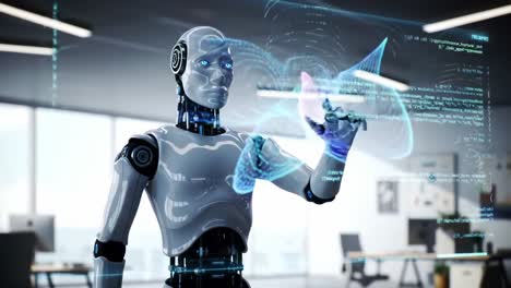 futuristic robot interacting with holographic data interface in a modern office setting, showcasing advanced technology and innovation in robotics