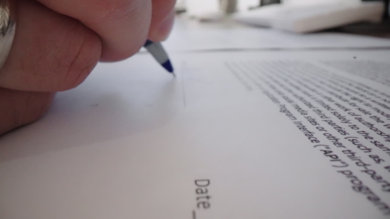 Close-up Moving Macro Shot: Signature on Contract by Pen in Male Hand. Sign Document on Deal at Office Work Indoors. Write Business Agreement or Undersign Protocol of Convention.