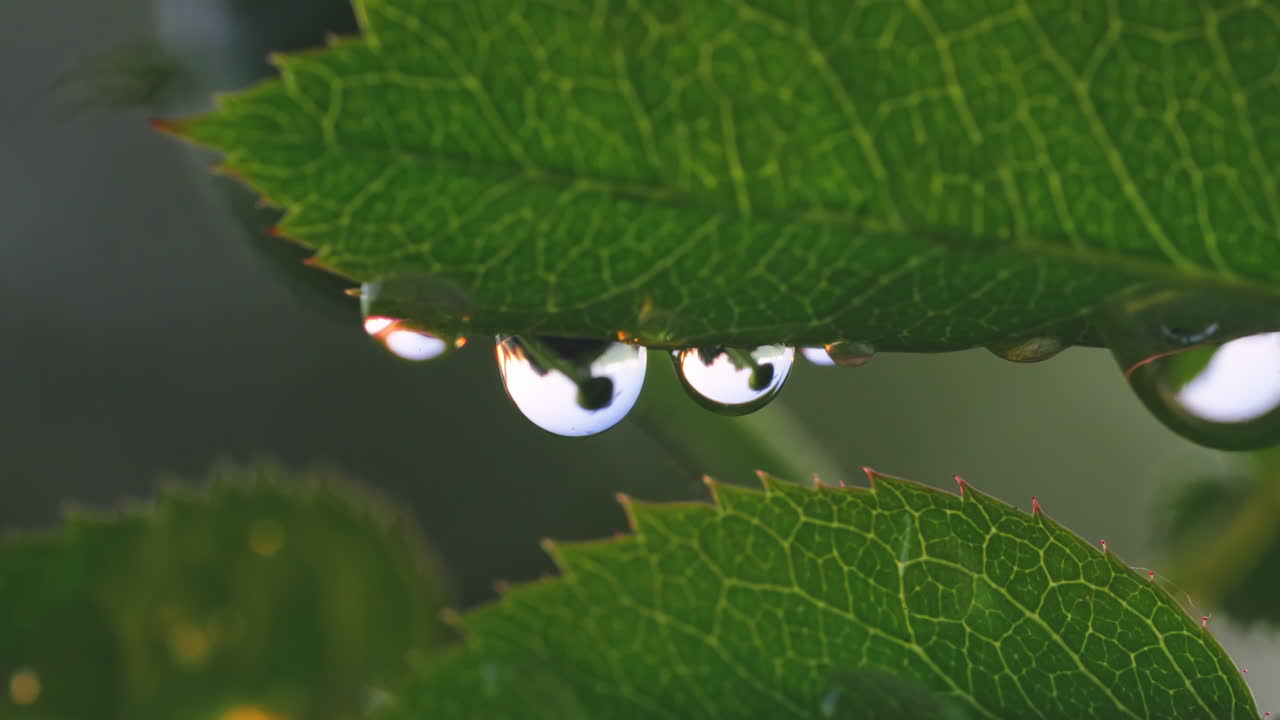 A macro shot of dew drops on a green rose leaf