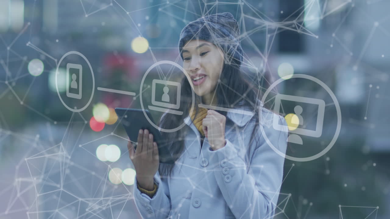 animación de la red de conexiones sobre mujer biracial usando tableta