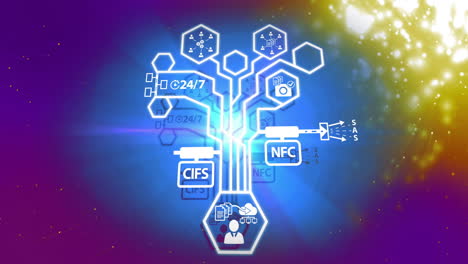 Symbole-Der-Netzwerktechnologie-Und-Datenflussanimation-Auf-Farbenfrohem-Abstraktem-Hintergrund