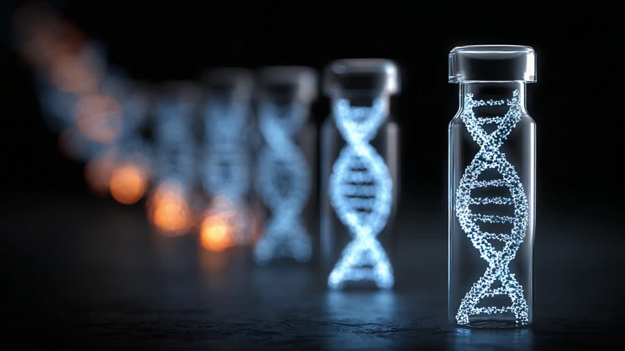 Uno sguardo accattivante a fiale con DNA codificato: bottiglie illuminate che mostrano strutture genetiche, evidenziando le innovazioni della scienza moderna e della biotecnologia.
