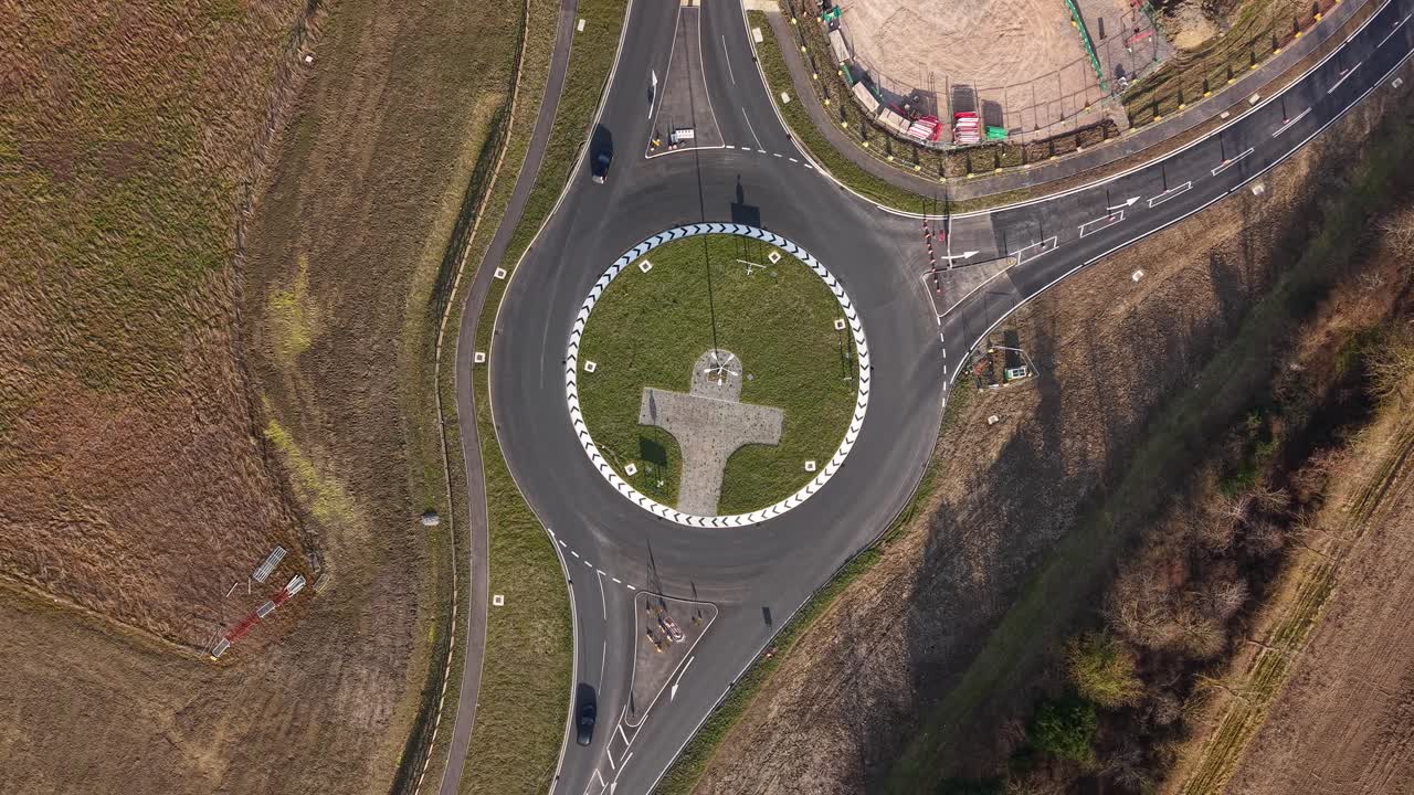 Aerial view of Waddesdon A41 roundabout in the UK, showing traffic flow
