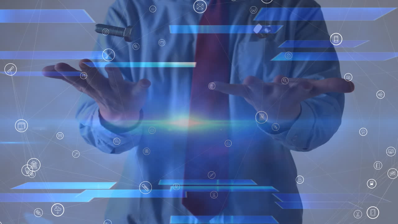 미디어 아이콘의 애니메이션이 도시 위에서 떠다니고 사업가가 견과류와 볼트를 던지고 잡고 있습니다.