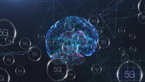 Animation of digital brain with 5G network symbols over geometric background