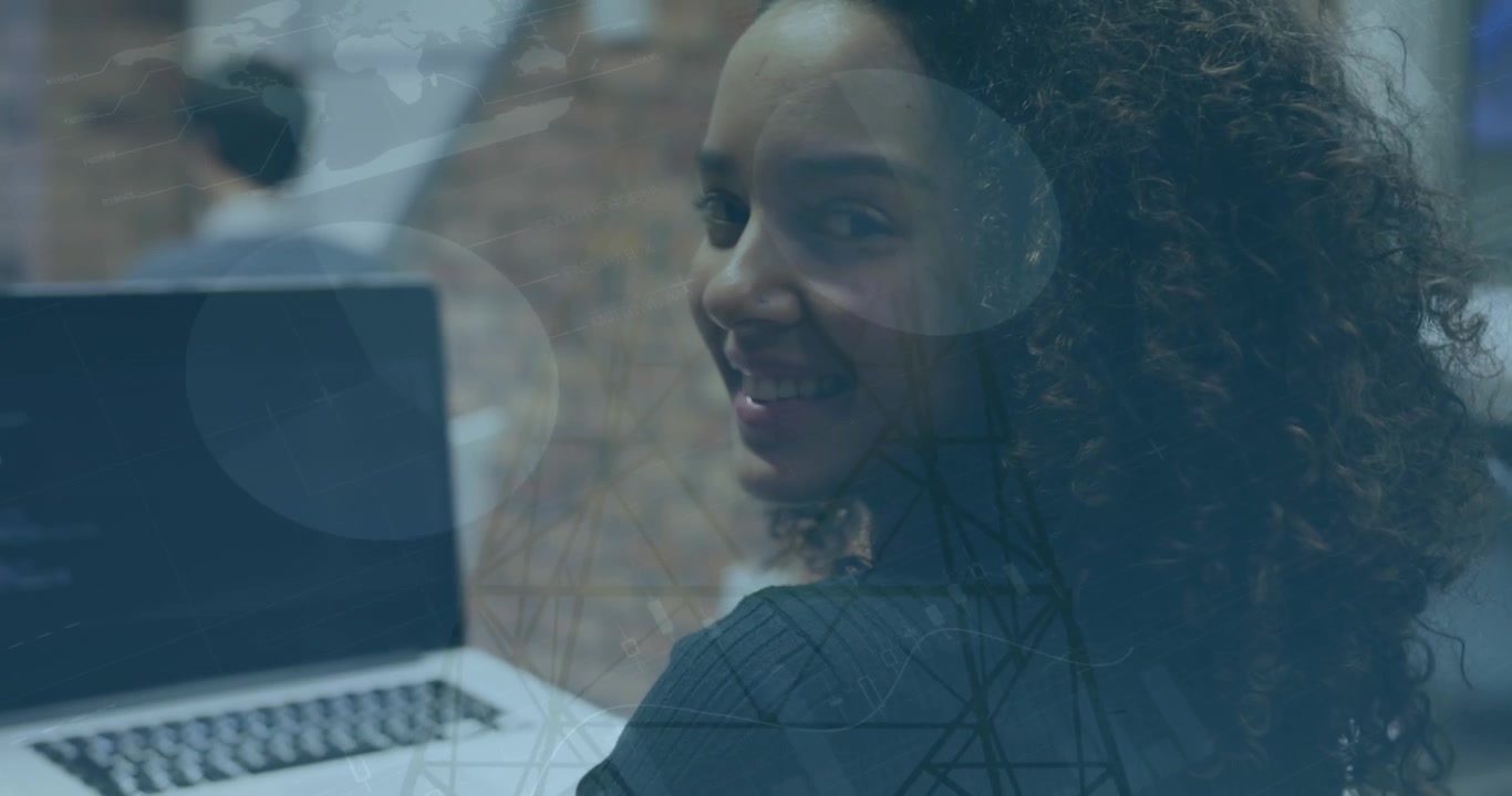 Animation of data processing over african american woman using computer against network towers