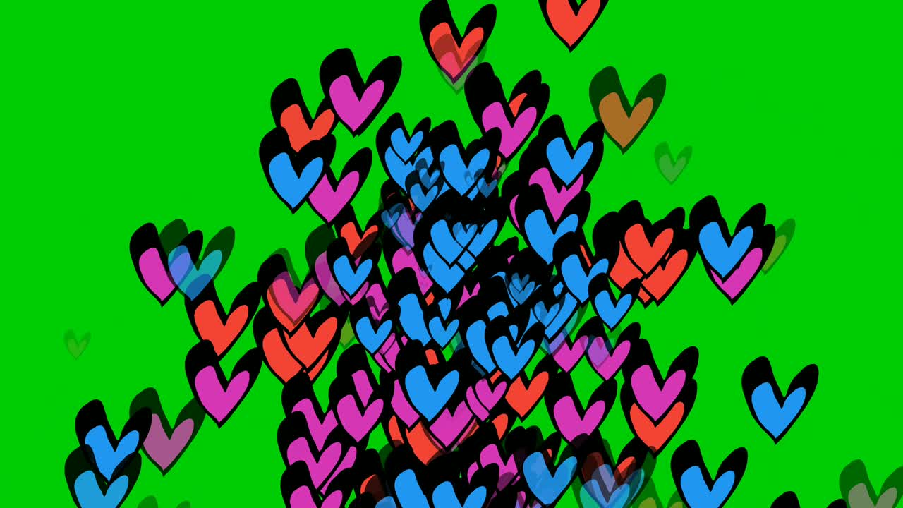 다채로운 심장 모양의 사랑의 상징, 녹색 화면의 만화 애니메이션, 사랑에 빠지고 발렌타인 컨셉, 크로마 키 및 알파 채널