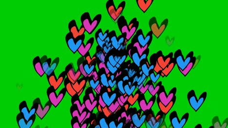 colorful heart shape love symbol cartoon animation on green screen. fall in love and valentine concept.chroma key and alpha channel