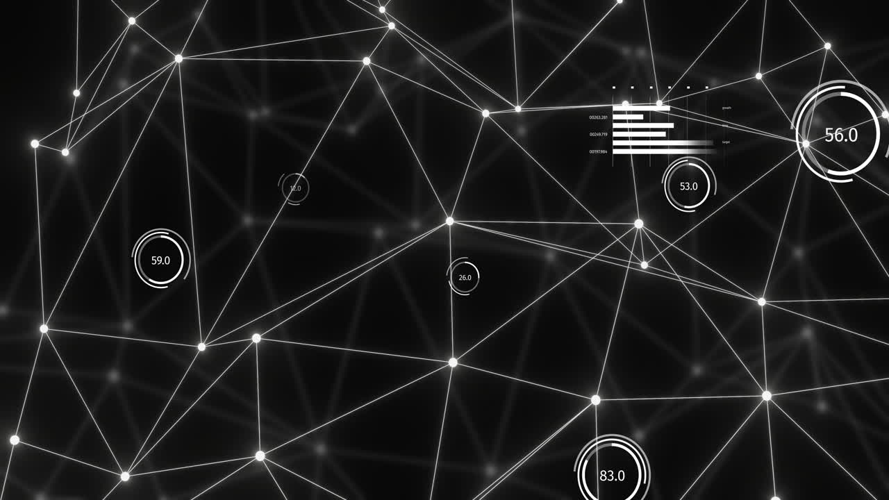 Animation of bright white network and data processing over distant network on black background