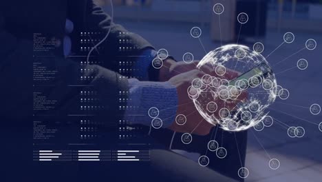Animation-of-financial-data-processing-over-biracial-man-using-smartphone
