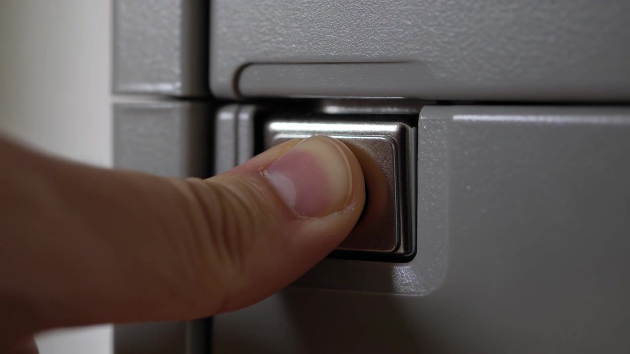 Pressing fingertip contacting circular push button on gray metal panel, unlatching cabinet door