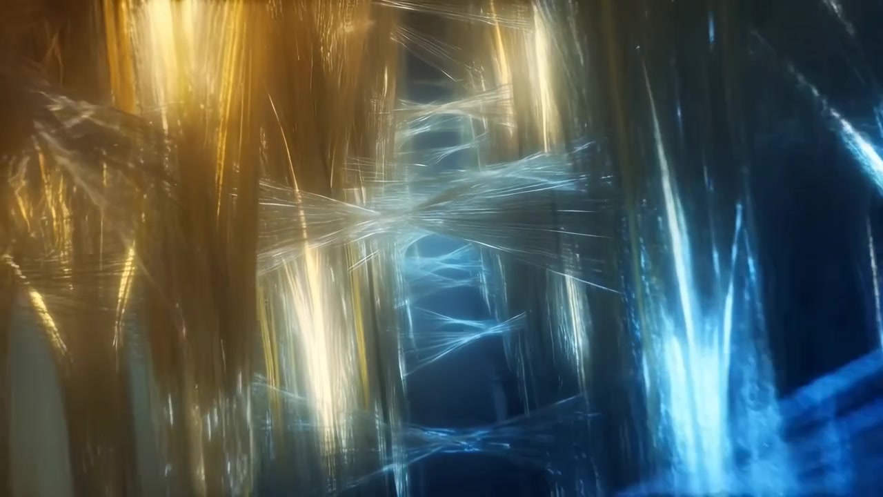 Central X shaped intersection of translucent filaments and reflective strands brightens as specular bands intensify across layered vertical columns, with warm gold on left and cool blue on right for