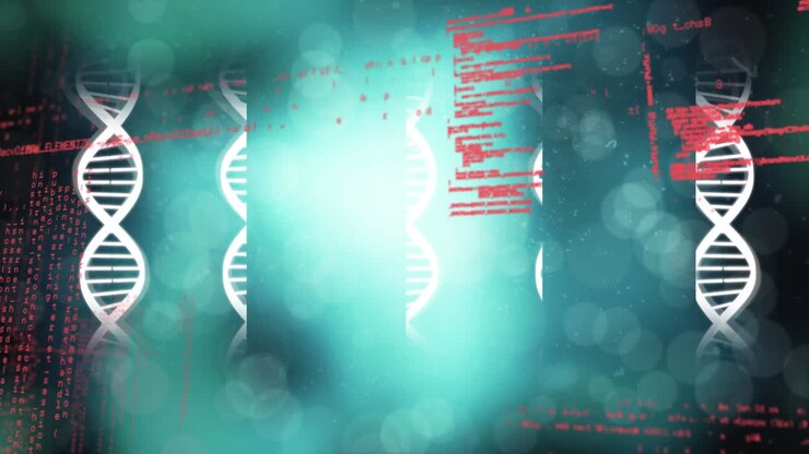 Animazione di filamenti di DNA rotanti e elaborazione dati medici
