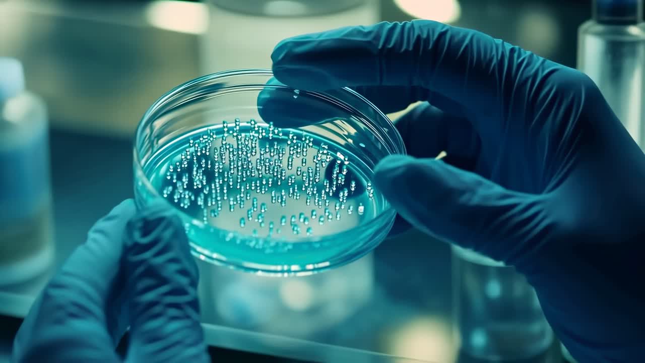 Close-up video shot of gloved hands holding a petri dish with bacteria