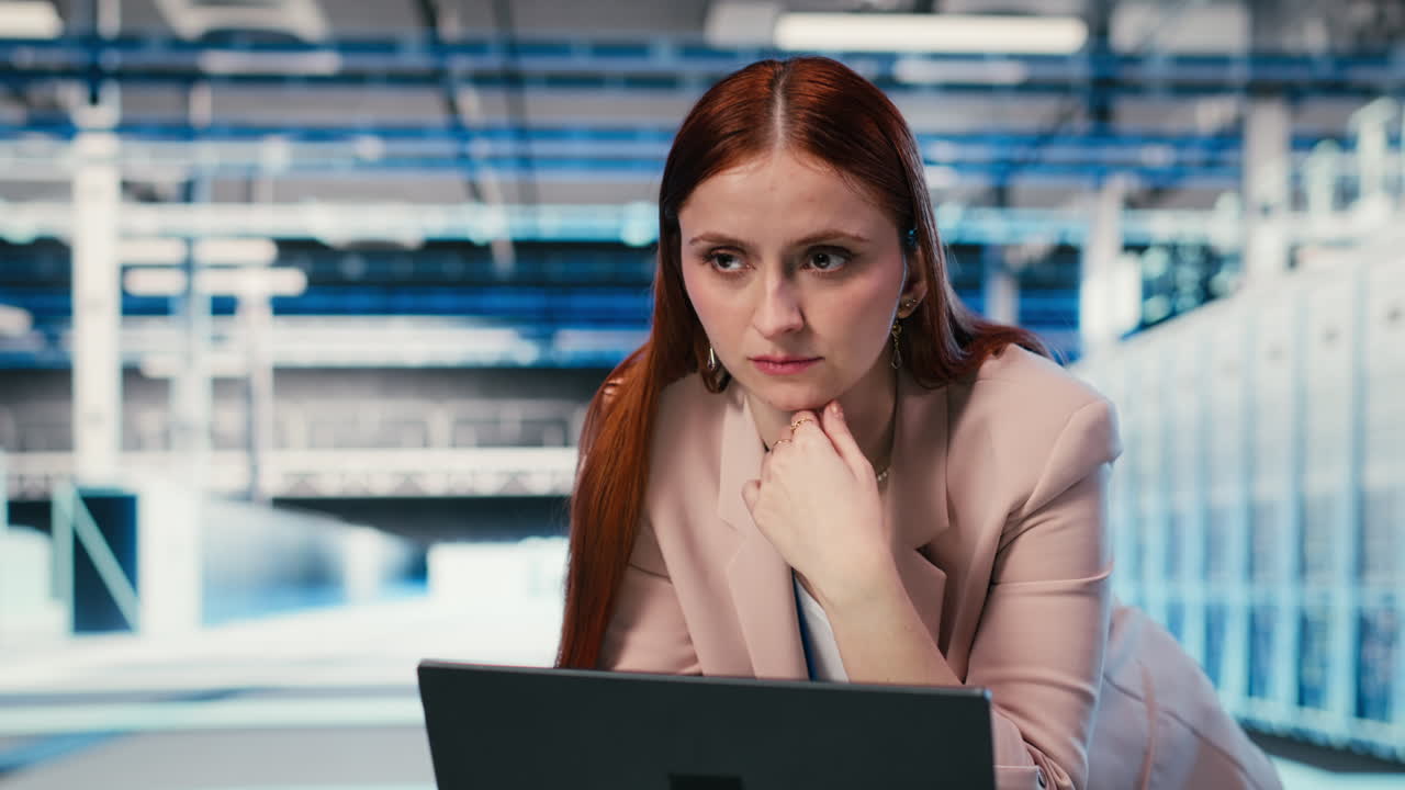 Focused Woman Working on Laptop in Modern Data Center