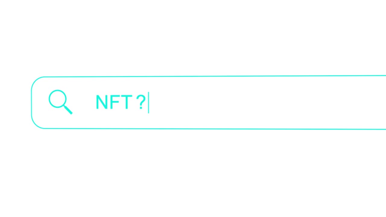 Turquoise Search bar typing question animation - NFT? on a White Background. Non-fungible tokens, or NFTs, are pieces of digital content linked to the blockchain. 4K