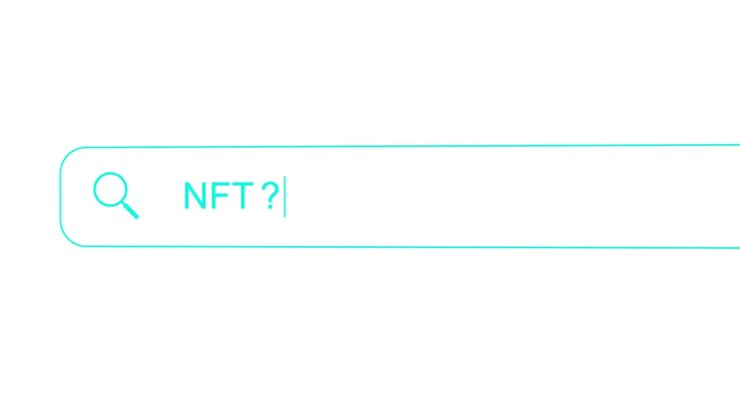 Turquoise Search bar typing question animation - NFT? on a White Background. Non-fungible tokens, or NFTs, are pieces of digital content linked to the blockchain. 4K