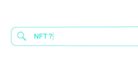 turquoise search bar typing question animation - nft? on a white background. non-fungible tokens, or nfts, are pieces of digital content linked to the blockchain. 4k