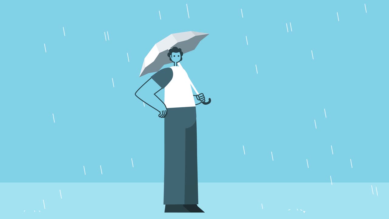비가 내리지 않는 우산 에 숨어있는 만화 남자: 평평한 디자인 2d 캐릭터 고립 루프 애니메이션과 알파 채널