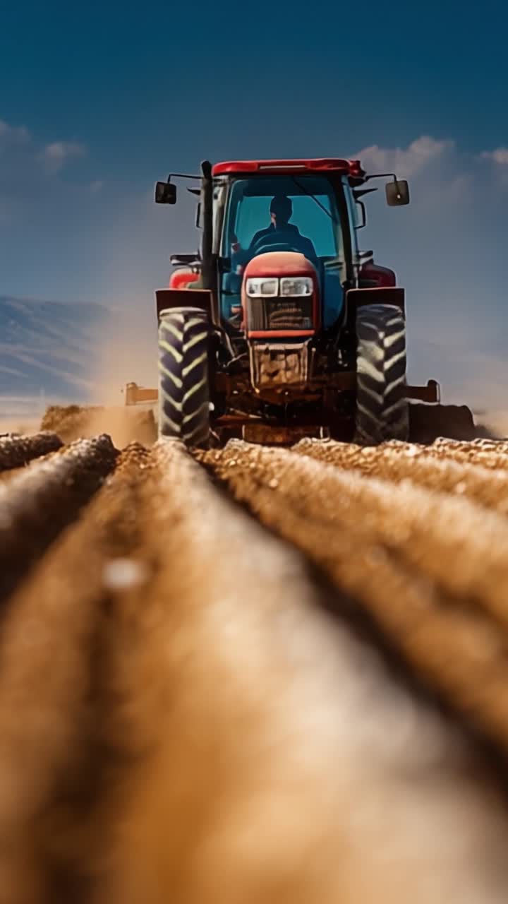 Una Vivace Scena Agricola che Mostra un Potente Trattore che Coltiva Terreno Fertile Sotto un Cielo Azzurro e Limpido, Illustrando l'Essenza delle Moderne Tecniche e Macchinari Agricoli