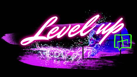 animation of level up text over shapes on black background