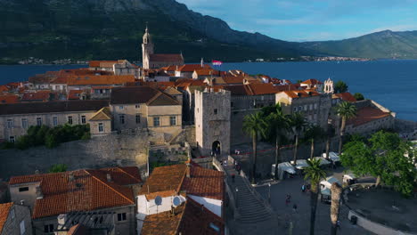 korcula old town at sunset in croatia - aerial drone shot
