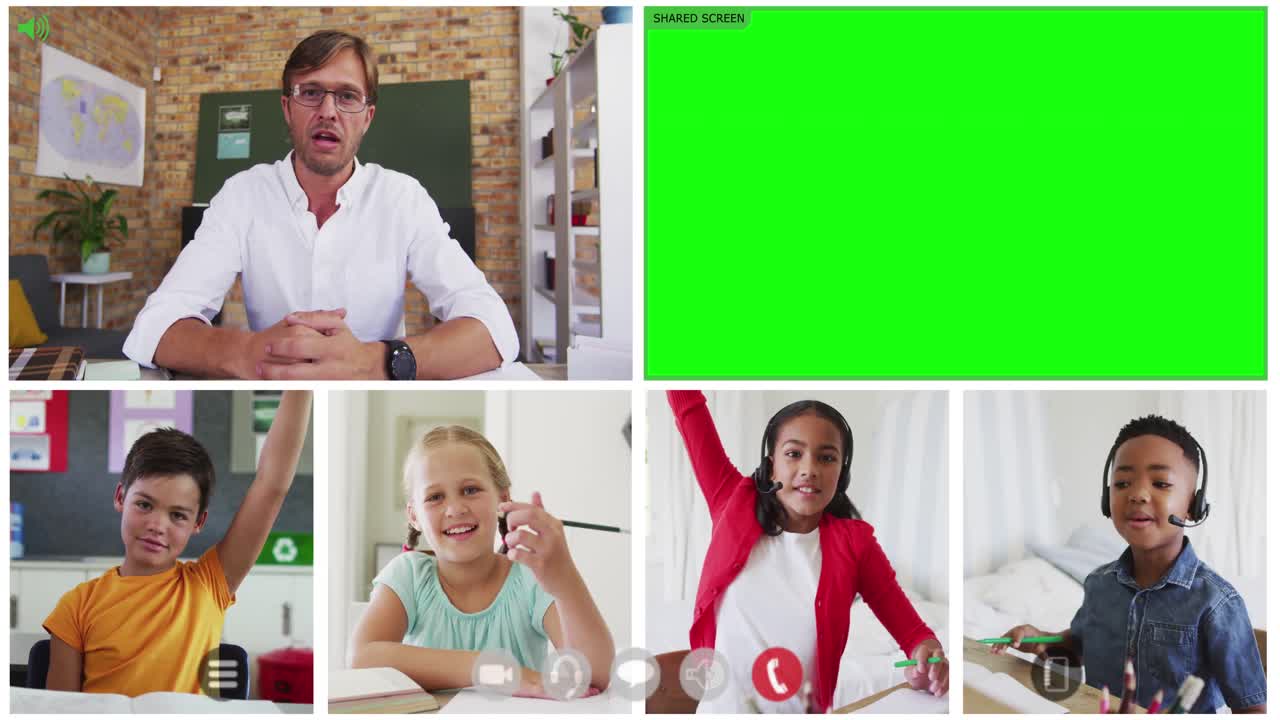Animation of green screen and video screens of diverse teacher and four children in online lesson