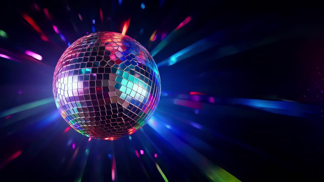 A vibrant disco ball reflects colorful lights in a dark room