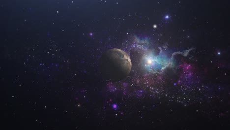 the planet ceres moves in outer space against a nebula background