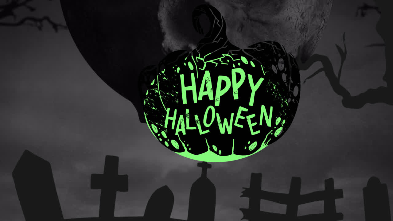 animación de texto feliz de halloween sobre calabaza y cementerio