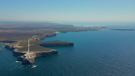 Aerial-view-of-Sagres-and-the-lighthouse-of-Cabo-San-Vicente-on-the-Algarve-coast,-Portugal