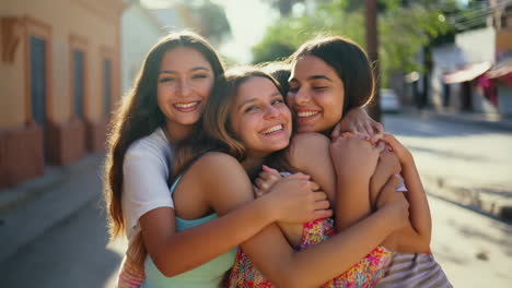 three happy young women hugging and smiling