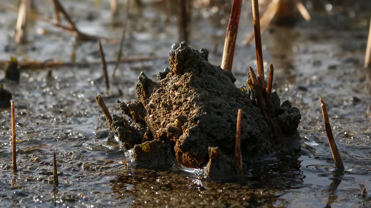 Panning low camera showing mud cone and reed stalks at marsh edge, sunlight revealing texture