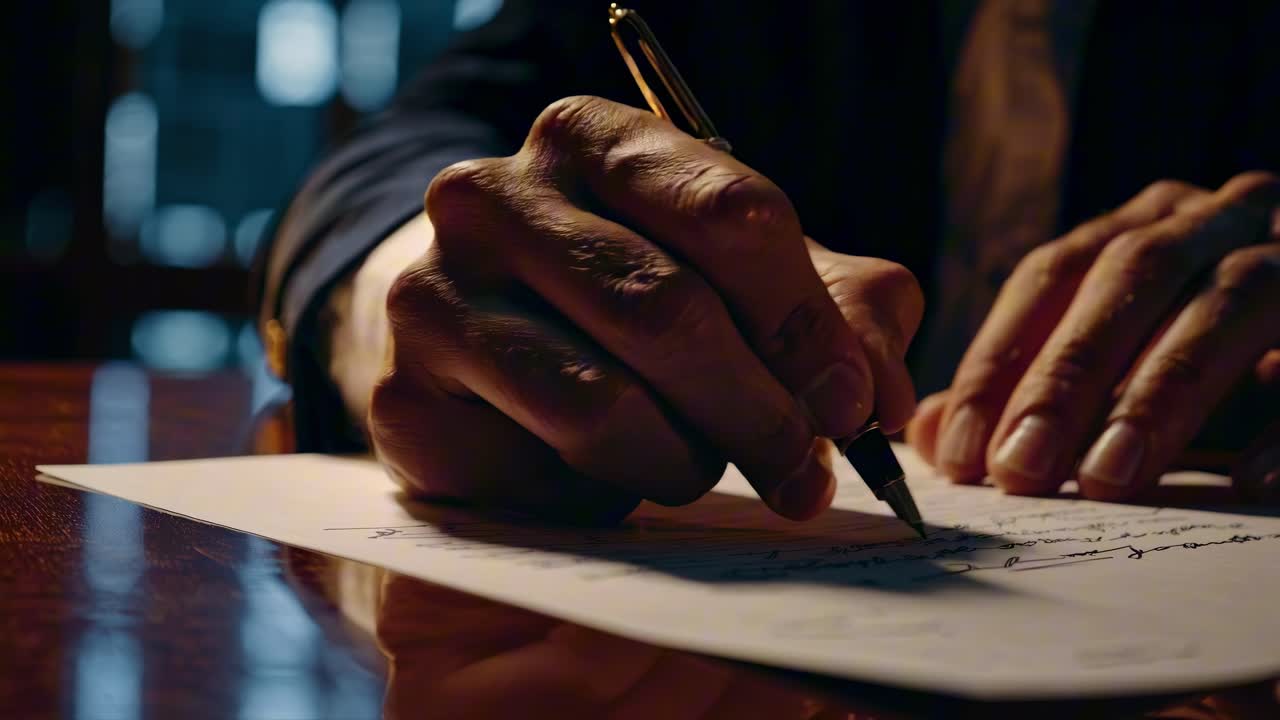 Close-up, low-angle shot of a hand writing on paper, capturing a cinematic, moody atmosphere