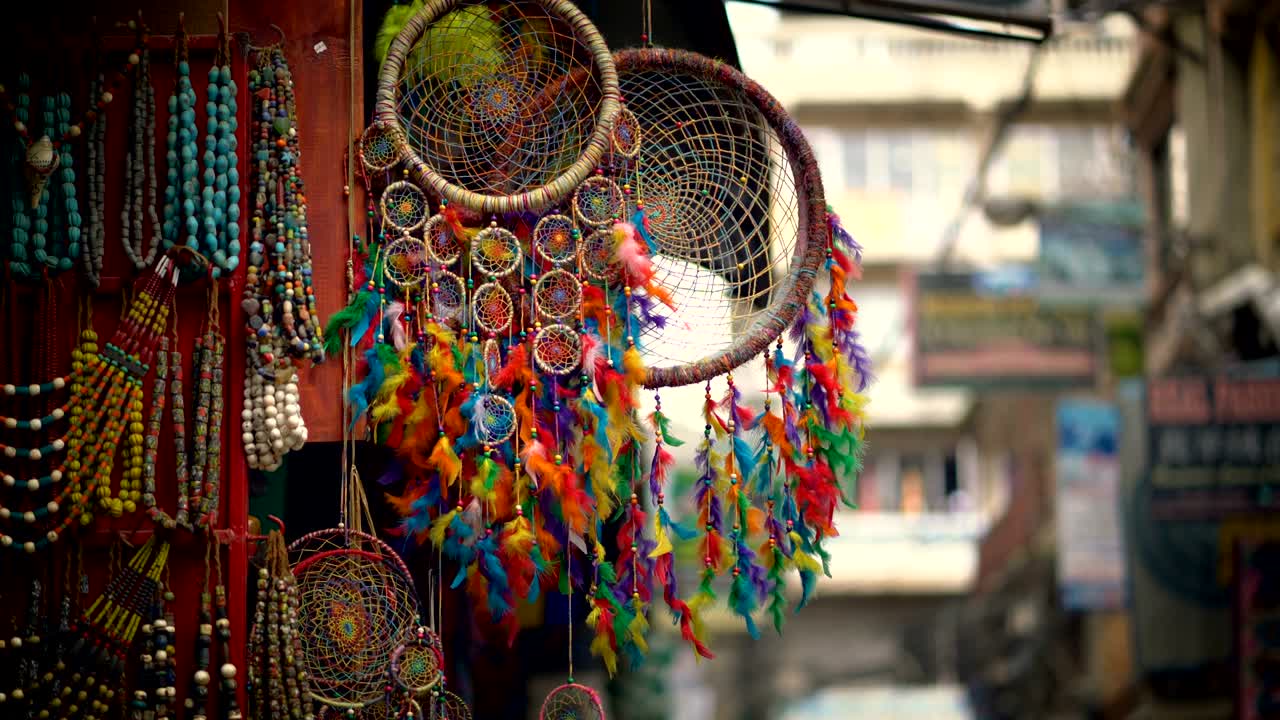 Colorful Dream Catcher Displayed For Sale at Thamel Street, Nepal 4K