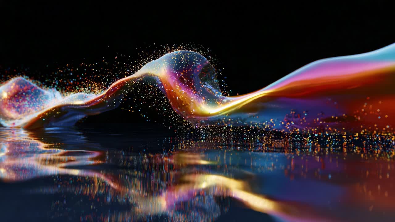 A Stunning Display of Colorful Liquid Waves Flowing Gently Across a Smooth Surface, Sparkling with Vibrant Particles and Reflecting Light in an Abstract Aesthetic Composition