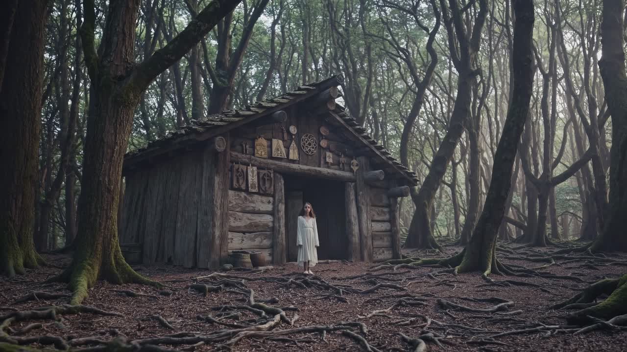 Woman wearing a white dress is standing in front of a mysterious wooden cabin decorated with symbols in a dark forest with twisted trees and exposed roots
