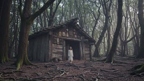 woman wearing a white dress is standing in front of a mysterious wooden cabin decorated with symbols in a dark forest with twisted trees and exposed roots